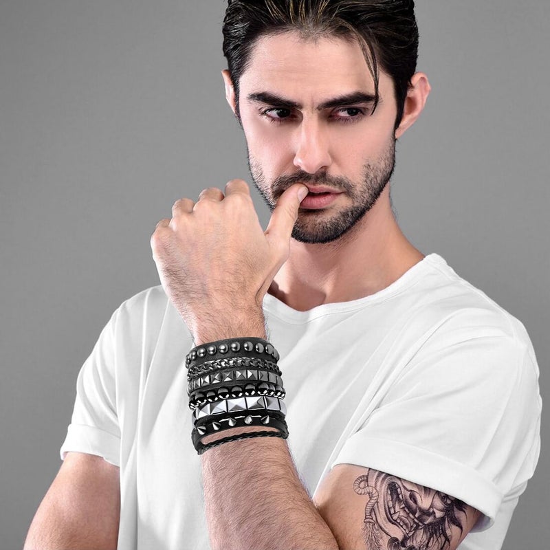 Ulekuke Store 4 Pcs Punk Rock Leather Studded Bracelets for Men Women 80s Gothic Spike Cuff Bracelet Set Emo Accessories for Rocker Outfits - Image 2